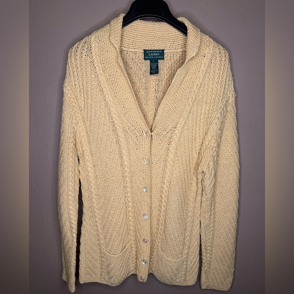 Rare Vtg Ralph Lauren Exclusive Hand Knit Soft Yellow Sweater Cardigan Size Lrg - Picture 2 of 11